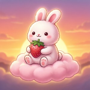 Chú thỏ mochi đáng yêu với quả dâu tây trên đám mây, hình nền kawaii ngọt ngào. — Kawaii Hình nền