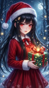 Cô gái anime mặc trang phục ông già Noel cầm món quà phát sáng trong khu rừng tuyết — Anime giáng sinh Hình nền