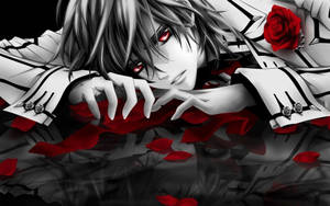 Hình nền cậu bé anime xanh xao với bông hồng đỏ.