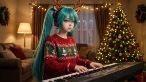 Hatsune Miku chơi đàn keyboard trong áo len Giáng Sinh — Anime giáng sinh Hình nền