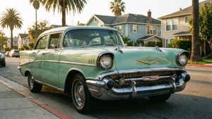 Một chiếc Chevy Bel Air màu xanh bạc hà cổ điển trong khu phố cổ đầy nắng