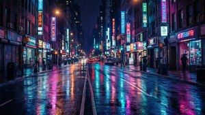 Phố thành phố cyberpunk về đêm với ánh đèn neon và phản chiếu trên mặt đường ướt.