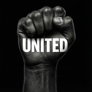 Nắm đấm màu đen với dòng chữ 'UNITED', phong cách kiểu chữ. — Đen Thật Hình nền