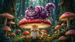 Mèo Cheshire trên cây nấm khổng lồ trong khu rừng phép thuật. — 柴郡猫 Hình nền