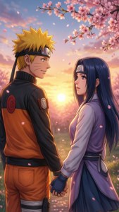 Hình nền lãng mạn của Naruto và Hinata dưới hoa anh đào.