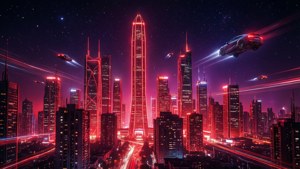 Đường chân trời thành phố tương lai với ánh đèn neon đỏ vào ban đêm, mang thẩm mỹ cyberpunk. — Đỏ neon Hình nền