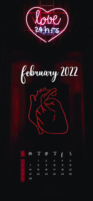 Hình nền lịch tháng 2 năm 2022 Neon Heart — iPhone 17 Hình nền