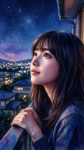 Rikako đứng trên ban công ngắm nhìn những vì sao — Sóng biển Hình nền