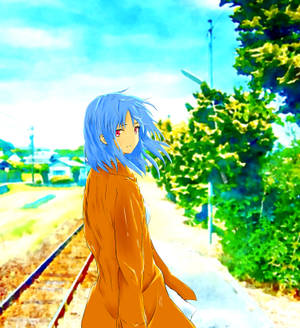 Hình nền nghệ thuật anime cô gái gần đường ray