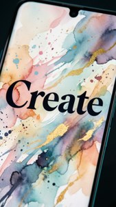 Pixel 8 với hình nền chữ 'Create' và những mảng màu nước