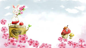 Ngôi Nhà Thỏ Dễ Thương Mùa Xuân Hoạt Hình — Dễ thương mùa xuân Hình nền