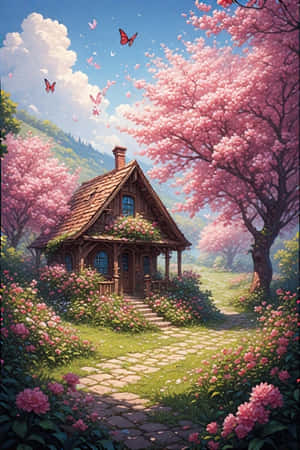 nhà tranh, mùa xuân, hoa, vườn, hoa anh đào, bướm, đồi, nở rộ, tươi vui, thiên nhiên — iPhone 4 Hình nền