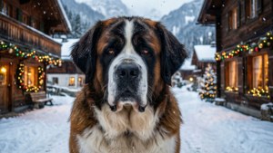 Chó Saint Bernard trong ngôi làng tuyết phủ với đèn Giáng sinh — Chó Hình nền