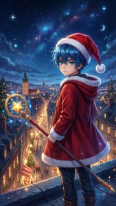 Cậu bé anime đội mũ ông già Noel đứng trên mái nhà với cây gậy hình ngôi sao — Anime giáng sinh Hình nền