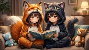 Hai đứa trẻ anime mặc đồ liền thân hình thú cùng nhau đọc sách trên ghế sofa ấm cúng.