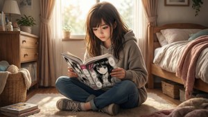 Khung cảnh yên bình của một cô gái đang thưởng thức manga trong phòng riêng. — Manga GIF Hình nền