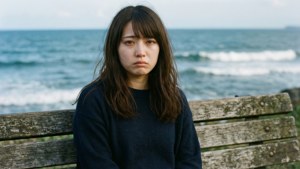 Rikako một mình trên bãi biển, cảm thấy buồn bã — Sóng biển Hình nền