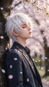 Một cậu bé anime buồn bã dựa vào gốc cây anh đào, những cánh hoa rơi xung quanh.