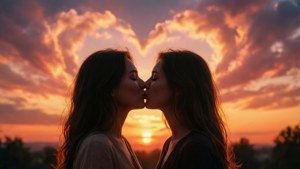 Cặp đôi LGBTQ+ lãng mạn hôn nhau trong bóng đêm hoàng hôn với những đám mây hình trái tim.
