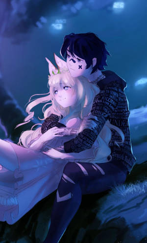 Hình nền anime ôm nhau dưới bầu trời đêm