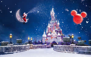 Ông già Noel bay qua lâu đài với những quả bóng bay — Disney giáng sinh Hình nền