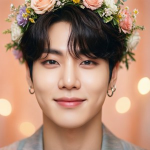 Jimin với vương miện hoa và nền hồng đào — Pixel Watch 3 Hình nền