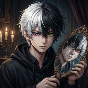 Chàng trai anime cá tính với mái tóc chia ngôi và chiếc gương vỡ.