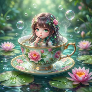 Hình nền cô gái anime chibi trong tách trà trên ao. — Pixel Watch 4 Hình nền