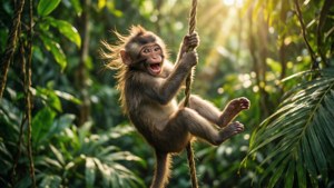 Chú khỉ vui vẻ đu dây trên dây leo trong khu rừng nhiệt đới đầy sức sống — Dễ thương Khỉ Hình nền