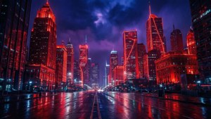 Đường chân trời thành phố về đêm với ánh đèn neon đỏ, đường phố ướt át và bầu không khí cyberpunk đầy điện ảnh. — Đỏ neon Hình nền