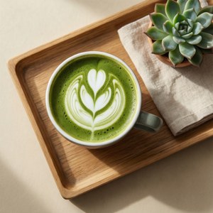 Góc nhìn từ trên xuống của ly matcha latte và cây mọng nước với tông màu trung tính. — Pixel Watch 4 Hình nền