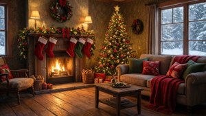 Phòng khách ấm cúng với lò sưởi và cây thông Noel, hoàn hảo cho sự ấm áp ngày lễ.