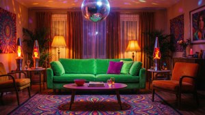 Phòng khách thập niên 1970 sôi động với nội thất neon và quả cầu disco