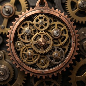 Huy hiệu steampunk với bánh răng đồng và điểm nhấn đồng thau trên nền cơ khí. — Tecno Phantom Hình nền