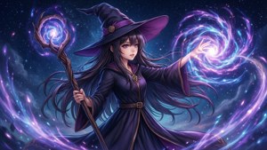 Hình nền anime ngầu về một phù thủy đang niệm chú dưới những vì sao.