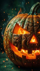 Chạm khắc bí ngô chi tiết với than hồng phát sáng — Halloween thẩm mỹ Hình nền