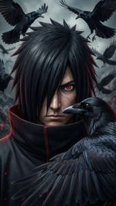 Itachi đứng cùng với những con quạ đặc trưng của mình trong khung cảnh tối tăm — iPhone 6 Hình nền