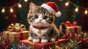 Mèo chibi anime đội mũ ông già Noel ngồi trên những hộp quà với đèn cổ tích.