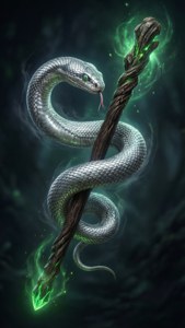 Một con rắn quấn quanh cây đũa phát sáng. — Thẩm mỹ slytherin Hình nền