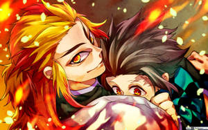 Hình nền Thanh Gươm Diệt Quỷ Trụ Cột Lửa Rengoku Kyoujiro đang ôm Kamado Tanjiro.