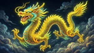 Một con rồng Trung Quốc truyền thống với điểm nhấn neon vàng giữa mây, hình nền may mắn.