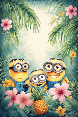 Minions,hình nền,4K,rừng nhiệt đới,lá cọ,hồng pastel,vàng pastel,hoa,dứa — iPhone 4 Hình nền