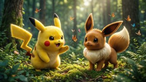 Pikachu và Eevee tận hưởng một ngày vui đùa trong khu rừng. — Pikachu Hình nền