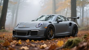 Xe Porsche 911 GT3 RS màu xám mờ trong khu rừng mùa thu