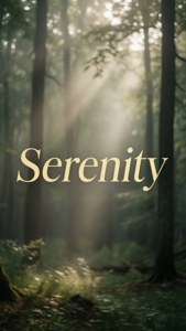 Dòng chữ 'Serenity' màu vàng nhạt trên nền rừng mờ sương với những tia sáng, thẩm mỹ thiên nhiên yên tĩnh. — Thẩm mỹ từ ngữ GIF Hình nền
