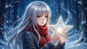 Cô gái anime với mái tóc bạc và khăn quàng đỏ cầm một ngôi sao phát sáng trong khu rừng tuyết. — Anime giáng sinh Hình nền