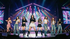 TWICE biểu diễn trên sân khấu rực rỡ với ánh đèn neon.
