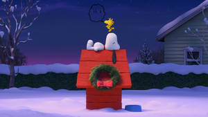 Hình nền Snoopy Ngôi Nhà Giáng Sinh Với Vòng Hoa — Snoopy giáng sinh Hình nền