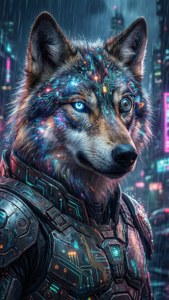 Một con sói ngân hà mạng với mạch điện phát sáng rình rập trong thành phố cyberpunk đèn neon. — iPhone Se Hình nền