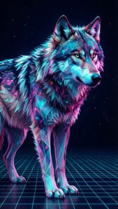 Một con sói ngân hà đa giác thấp với các họa tiết hình học neon đứng trên lưới synthwave. — iPhone 6 Hình nền